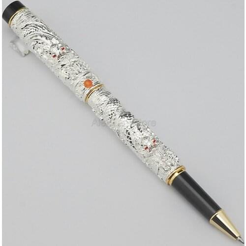 Jinhao Business Rollerball Pen Silver Small Double Dragon Playing Pearl Metal Carving Embossing Heavy Pen For Office & School