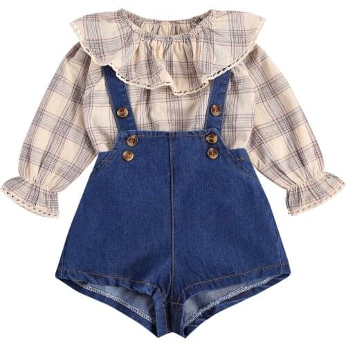 Newborn Baby Girl Clothes Set Shorts Peter Pan Collar Floral/Plaid Ruffle T-Shirt Top Denim Suspender Shorts Childrens Clothing
