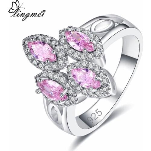 Lingmei Wholesale Wedding Graceful Jewelry RedPinkWhite Cubic Zircon Silver Color Ring Size 6-9 Christmas Wedding Band
