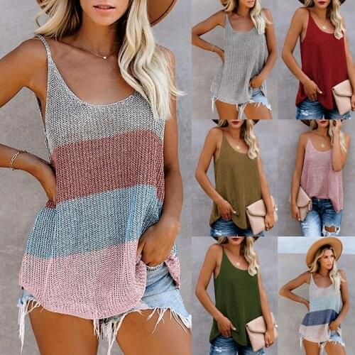 Fashion Knitted Mix-Color Womens Tank Tops Casual Round Neck Ladies Top Tees Beach Sleeveless Ladies Tank Vest 3XL