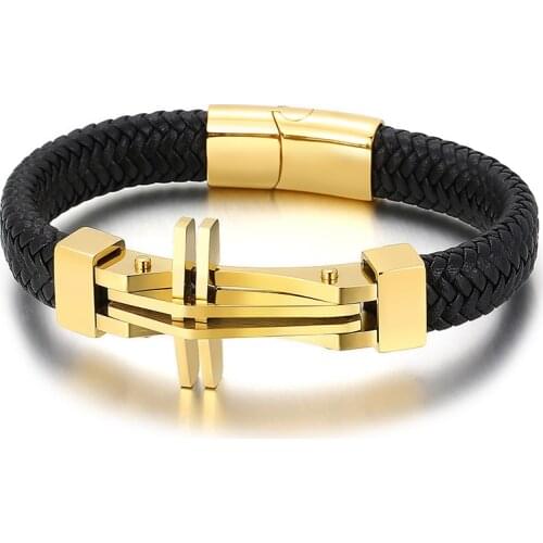 Stainless Steel European Jewelry Vintage Cross Layer Braided 12mm Men Leather Bracelet 21.5cm