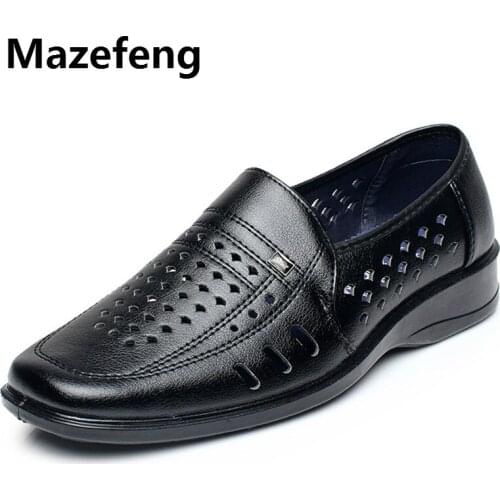 Mazefeng 2018 New Male Leather Shoes Breathable Hollow Out Square Toe Men Dress Shoes Lace-up Business Shoes For Males