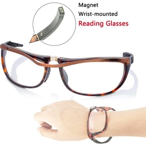 Men Women Magnetic Reading Glasses Folding Portable Anti-Blue Light Presbyopia Magnifying Full Frame Wrist-mounted Black Brown