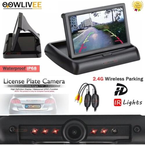 OOWLIVEE Wireless Car license plate frame rearview camera Infrared IR Lights Night Vision Lcd Monitor with Camera Parking Assist