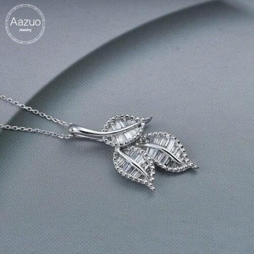 Aazuo Real 18K Gold Real Bagutte Diamond Fashion Botany Leafs Pendent With Chain Necklace gifted for Women 18Inch