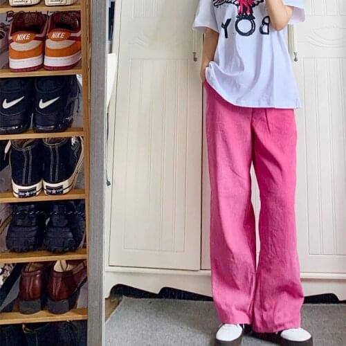 Straight Pants Women Chic Harajuku Pink Corduroy Retro Popular Ladies Streetwear Simple Full-length Elasticated Womens Trousers