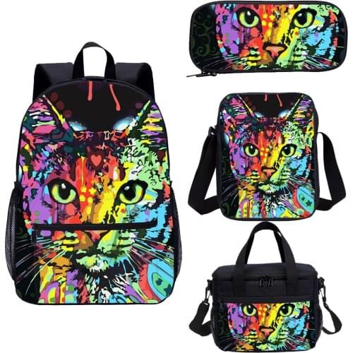 Colorful Cat Print Children Backpack 4 Pcs Set Tennager Animal Bag for Boy and Girl High Class Student School Book Bag