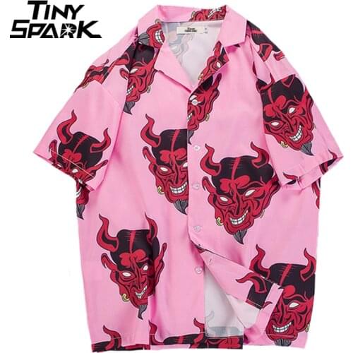 2020 Hip Hop Shirts Streetwear Mens Hawaiian Shirt Devil Head Harajuku Summer Beach Shirt Hawaii Thin Pink Tops Short Sleeve
