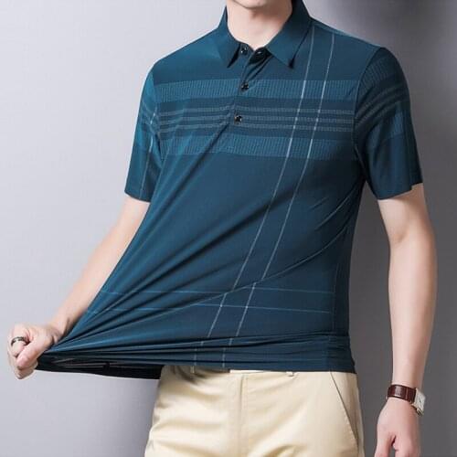 Mens casual short sleeve POLO shirt Business new loose shirt stripe print crease resistant breathable lapel T-shirt for men