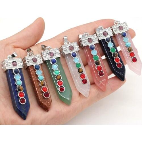 Seven Chakras Reiki Healing Pendants Rose Quartzs Natural Stone Pendants for DIY Jewelry Necklace Bracelet Size 13x55mm