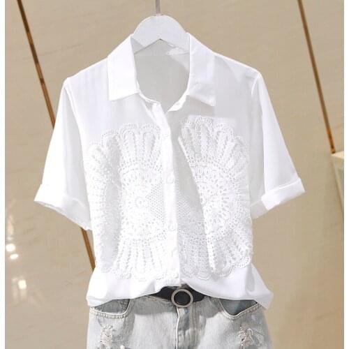 Chiffon Lace Patchwork Women Shirts Summer New Design 2021 Turn-Down Collar Solid Loose Elegant Office Lady Outwear Tops