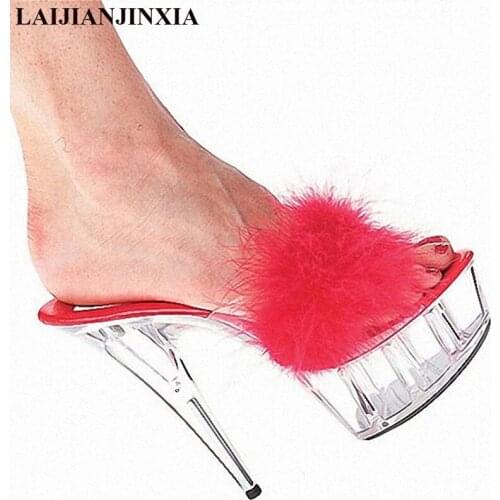 LAIJIANJINXIA Shoes Woman Platform Sandals Transparent Crystal Ultra High Heels 15cm Waterproof Sandals Big Yards Slippers