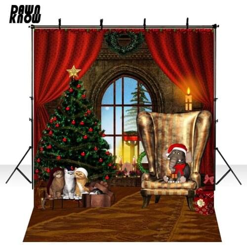 DAWNKNOW Window Cat Vinyl Photography Background For Baby Christmas Tree Photo Shoot Backdrop For Christmas Photo Studio L837