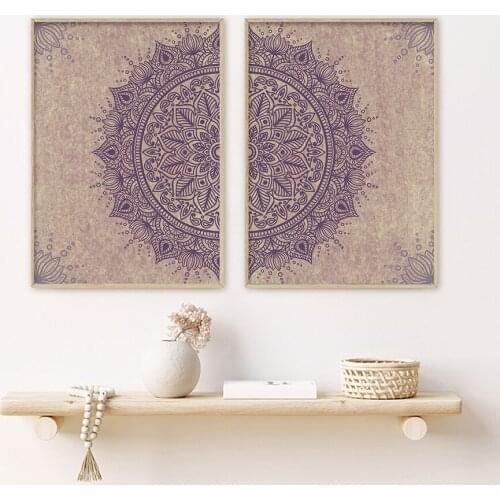 Vintage Purple Mandala Flower Canvas Painting Boho Zen Wall Art Print Poster Neutral Muted Yoga Pattern Wall Decor for Bedroom