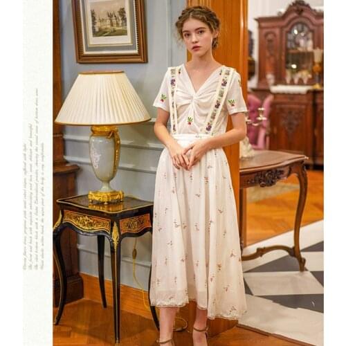 Summer Women Spring Elegant Vintage Mori Girls Exquisite Floral Embroidery All-Match Casual Detachable Suspender Strap Skirts