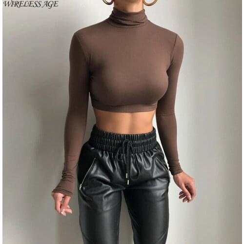 WIRELESS AGE T Shirt Women Long Sleeve Round Neck Solid Color Navel Sexy Slim Fit Casual Womens Tops New Summer Fashion Wild