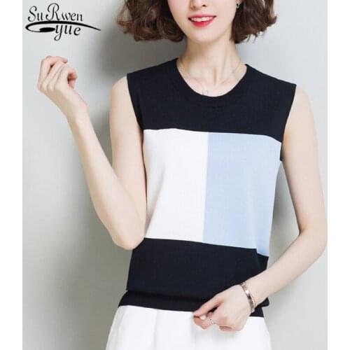 Plus Size Ice Silk Knitted Round Neck Sleeveless Womans Shirt Female Korean Loose Style Hit Color Bottoming Shirt 10050