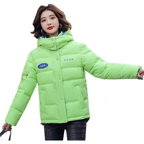 Winter Jacket Womens Thicken Short Parkas 2021 Hooded Printed Letters Cotton Ladies Coat Korean Stand collar Loose Warm Outwear