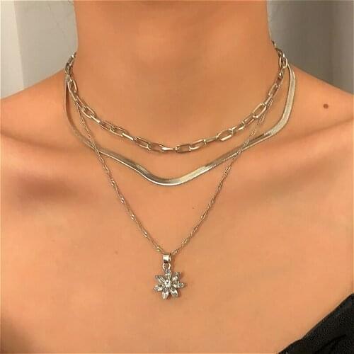 Crystal Flower Pendant Necklace For Women Gold Color Snake Chain Choker Multilayered Necklaces Jewelry Accessories Collier Femme