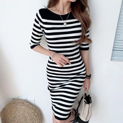 Fashion Striped Autumn Knitted Dress Women Pencil Dresses Elegant Korean Chic O-neck Bodycon Work Office OL Vestido Female