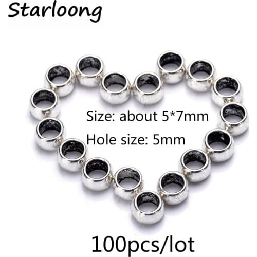 100pcs/lot zinc alloy antique vintage silver plated large hole spacers beads for Bracelet Necklace DIY Jewelry Making