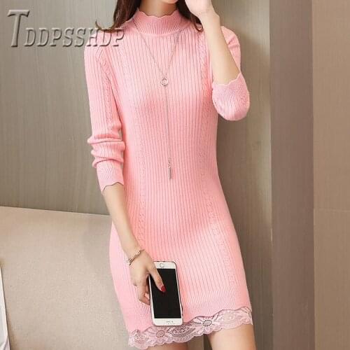 2019 Winter Long Style Knitting Women Sweaters Dress Lace Patchwork Knitting Winter Bottoming Female Sweaters