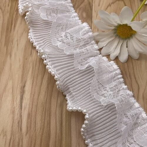 5Yard Pleated Pearl Lace Trim Bubble Skirt Ruffle Chiffon Lace Ribbon Beaded Lace Fabric Accessories Tutu Lace Wedding Decortion