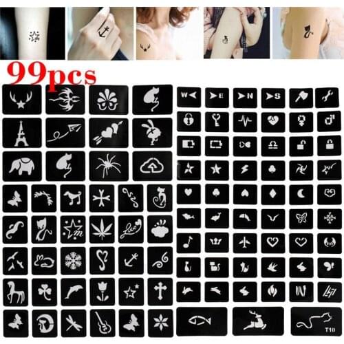 99PCS Airbrush Glitter Tattoo Stencils Tattoo Sticker Drawing Kid Tattoo Cartoon Design DIY Body Art Paint Template