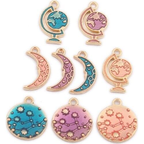 10pcs Jewelry making accessories metal enamel moon Globe zodiac star charms Pendant for Earrings Necklace handmade DIY material