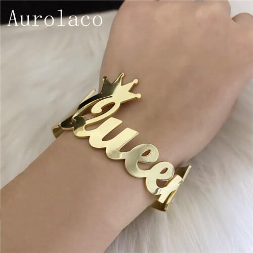 AurolaCo Customized Nameplate Name Bracelet Personalized Custom Cuff Bangles Women Men Rose Gold Stainless Steel Jewelry Gifts