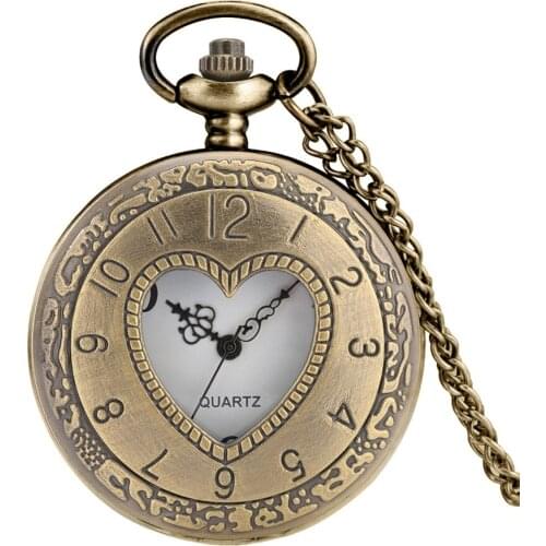 Bronze Romantic Hollow LOVE Heart Design Quartz Pocket Watch Retro Arabic Numerals Necklace Pendant Pocket Watch FOB Clock Chain