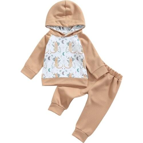 2021 1-6Y Casual Kids Baby Boy Clothes Set Cartoon Leopard Print Patch Long Sleeve Hooded Sweatshirt+Pants Autumn Tracksuit 2pcs