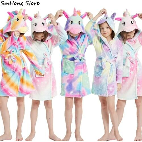 Children Towel Beach Baby Bath Robe Animal Rainbow Unicorn Hooded Bathrobes For Boys Girls Pyjamas Nightgown Kids Sleepwear Robe