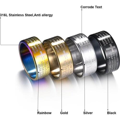 Stainless Steel Black Colorful Jesus Cross Ring Letter Bible Prayer Finger Rings For Men 8mm Amulet Jewelry Anillos Mujer