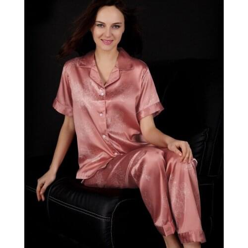 New Autumn Spring Short Sleeve Long Pant Sleepwear 2pieces Satin Silk Pajama Sets High Quality Lady Sleep Wear Nightgown
