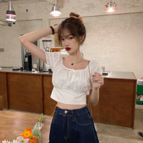 Summer New Style Pearl Chain Bow Short Shirt Puff Sleeve Shirt Design Niche Tops Women Ladies Blouses