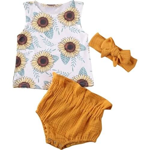 0-24M Summer Newborn Baby Girl Clothe sunflower Vest Top +Shorts PP Pants Sunflower Summer 3Pc Outfit