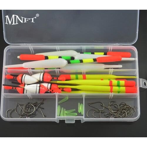 MNFT 15PCS 3 size Vertical Fishing Float Buoys Bobber Fishing Tackle buoyage + 30pcs Hooks Combo with Free Tackle Box