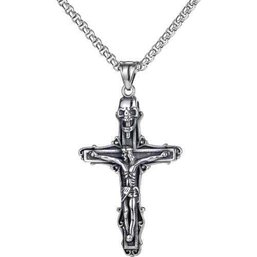 Goth Retro Skull Cross Jesus Pendants Mens Necklaces Punk Rock Stainless Steel Hip Hop Jewelry Aesthetic Accessories Necklaces