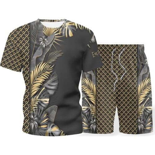 Hot sale mens set beach summer short sleeve round neck T-shirt Hawaiian style new beach fashion short sleeve + shorts S-5XL