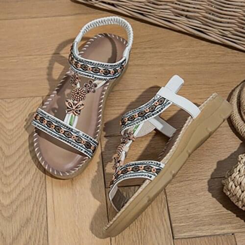 New Womens Sandals Fashion Flower Print Sewing Shoes Rhinestone Design Summer Sandals Soft Paltform Elastic Band Sandals