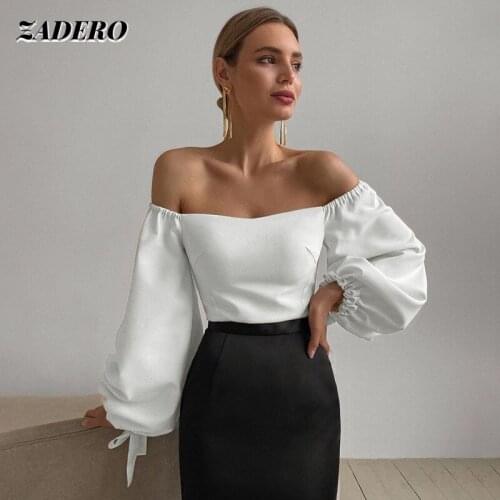 Crop Tops Women 2021 Sexy Off Shoulder Elegant Blouse Slim White Pullover Long Lantern Sleeves Vintage Fashion Casual T Shirts