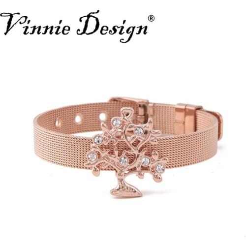 Vinnie Design Jewelry Stainless Steel Mesh Bracelet Set with Big Size Crystal Tree Slide Charms