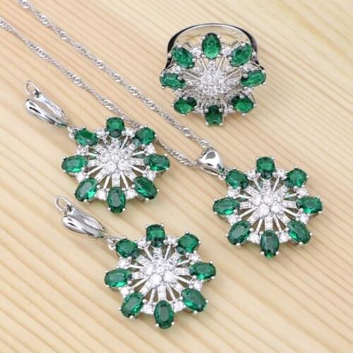 925 Sterling Silver Jewelry Sets Green CZ for Women Engagement Earrings/Ring/Pendant /Necklace Silver Kit