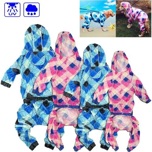 Plaid Dog Raincoat Pet Sun-proof Clothing Rain Jacket Poncho Jumpsuits With Leash Hole For Medium Large Pets