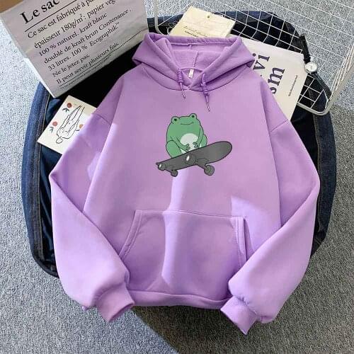 Purple Hoodie Long Sleeve Top Korean Cartoon Frog Printed Graphic Hoodies Women 2021 Hoodie Women Cute Kawaii Urban Style