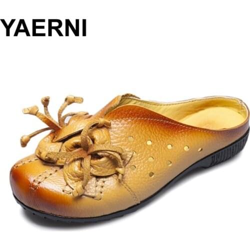 2017 Summer Shoes Fashion Women Leather Slippers Female Hollow Out Flats Women Genuine Leather Sandals Flat Shoes zapatos mujer