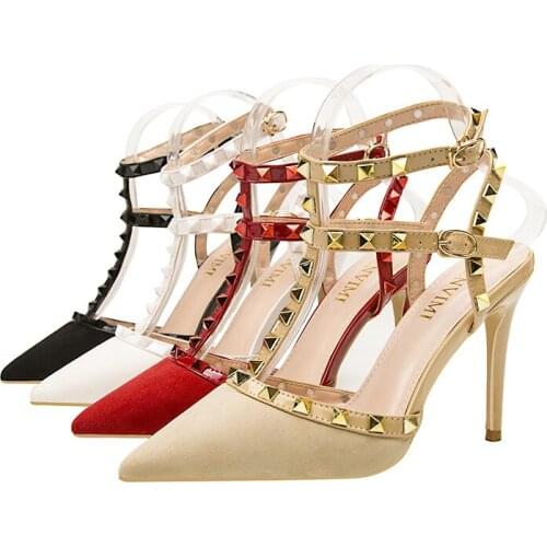 Womens shoes Sexy Roman rivet sandals slim stiletto nightclub high-heeled shallow mouth pointed hollow