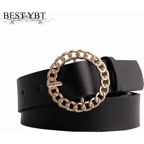 Best YBT Women Imitation leather Belt Alloy Pin Round Buckle Belt Fashion Party Dress Decor Waistband Women Belt Size 105 cm