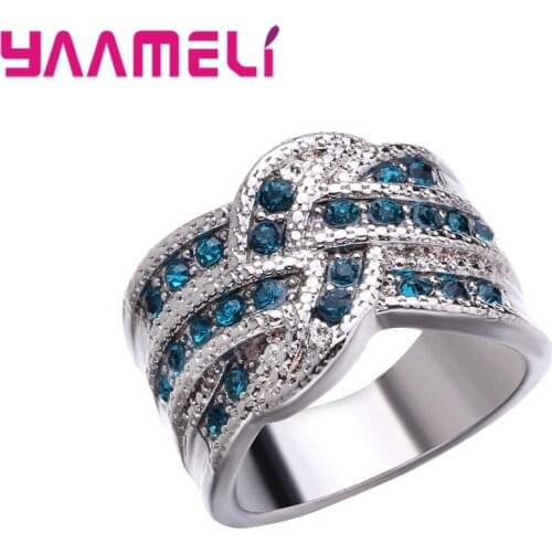 Fashion 925 Sterling Silver Cross Wedding Rings with Small Blue AAA Cubic Zirconia Cheap Wedding Party Jewelry Dropshipping